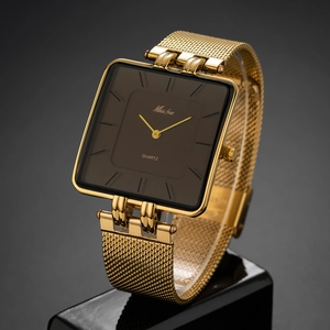Classic square gold stainless steel mesh strap quartz watch for men with dark dial