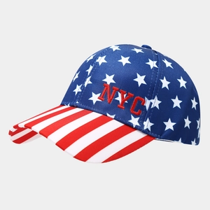 Close-up of NYC embroidery and star-stripe patterns on the cotton baseball cap fabric