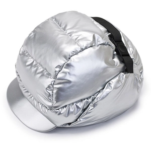 Silver quilted trapper hat with metallic finish and adjustable rear buckle strap