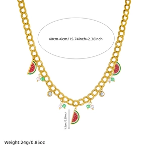 Golden chunky chain necklace with watermelon pendant and size specifications shown