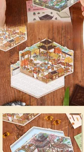 Close-up of 3D layered scenery stickers with traditional Chinese architecture and cute cats