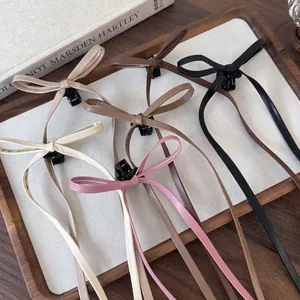 French Retro PU Leather Bow Hair Claw Clip With Long Streamers Elegant Sweet Tassel Hairpin For Women Girls