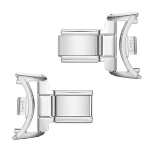 Detail of stainless steel folding clasp connector with number 44 engraving for Italian charm