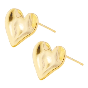 Detail view of gold heart stud earrings featuring unique wavy texture and metallic luster