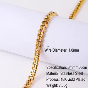 Macro detail of 3mm gold-plated stainless steel Cuban link chain with size specifications