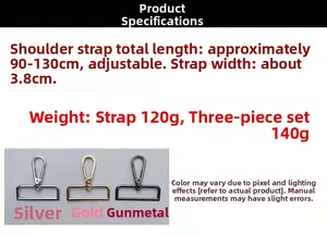 Detailed size specifications for 3.8cm wide adjustable strap with silver and gold hooks