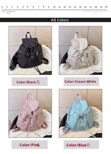 Size comparison grid of Oxford nylon backpacks in black, white, pink, and blue