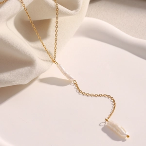 Artificial Baroque Pearl Tassel Necklace 18K Gold Plated Stainless Steel Y Shaped Lariat Long Chain Vintage Elegant Jewelry For Women