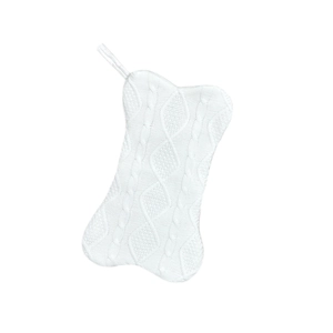 Close-up of white cable-knit bone-shaped Christmas stocking with hanging loop detail