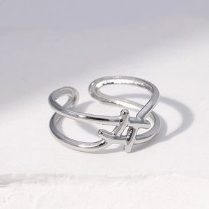Minimalist silver-tone stainless steel open ring with a unique double-layer geometric design