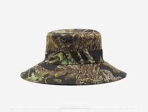 Detail view of wide brim camouflage sun hat with metal eyelets and reinforced stitching