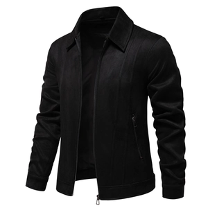 Detail of men's black suede jacket featuring classic lapels and metal zipper closure