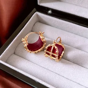 Retro Hollow Out Mesh Cage Hoop Earrings 18K Gold Plated Copper With Leather Inlay Geometric Fashion Jewelry For Women