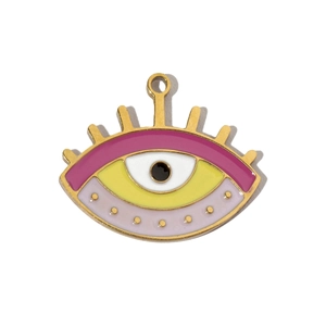 Detail of golden stainless steel eye pendant with pink and yellow enamel finish