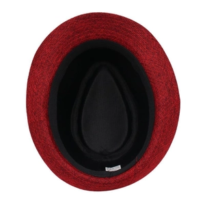 Macro view of woven jazz hat interior featuring sweatband and detailed fabric texture