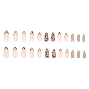 Brown leopard print French press on nails, medium almond shape faux nails 24pcs set