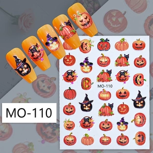 Detailed 5D relief Halloween nail stickers with pink pumpkins and skulls model MO-110