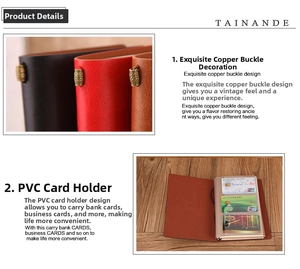 Close-up of vintage leather notebook with built-in PVC card slots and copper buckle