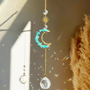 Natural amethyst moon sun catcher with crystal ball prism and gold metal chain wind chime