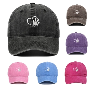 Baseball Cap Washed Cotton Heart Dog Paw Embroidery Adjustable Vintage Soft Top Sun Hat For Women Men