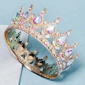 Golden baroque bridal tiara with colorful teardrop crystals and sparkling rhinestones