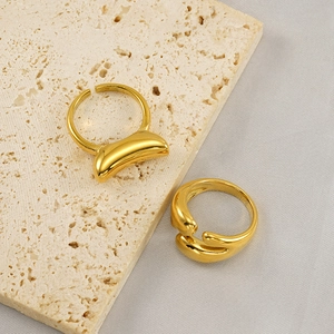 Minimalist 18K gold plated stainless steel open ring set with moon and wave designs