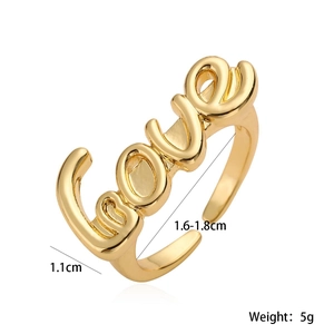 Minimalist gold-plated open ring with LOVE geometric design for women on white background