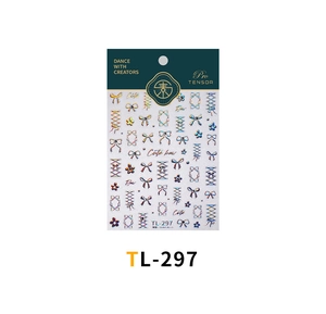 Detailed view of TL-297 laser bow and floral adhesive nail art stickers with holographic finish