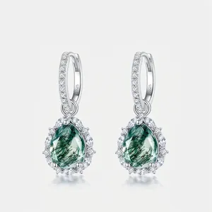 Vintage Pear Moss Agate Dangle Earrings For Women S925 Sterling Silver Zirconia Inlaid Waterdrop Earrings Elegant Jewelry Set