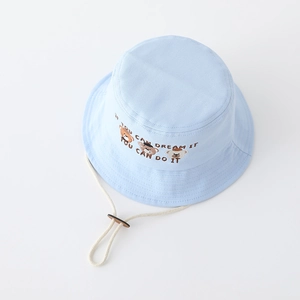 Detail of baby sun hat with three cartoon bears embroidery and adjustable chin strap