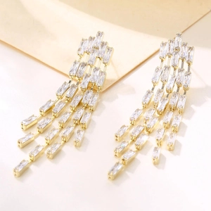 Long Tassel Drop Earrings With Copper Earring Post Emerald Green Tiered Rhinestone Elegant Statement Jewelry For Women Dinner