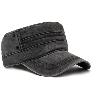 Vintage washed charcoal grey cotton flat top army cap with metal side eyelets