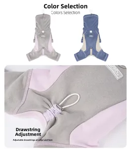Detail view of dog jumpsuit showing adjustable drawstring and premium knit fabric