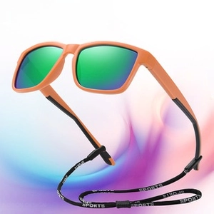 Outdoor polarized sunglasses with orange frame and green mirror lenses with sports strap