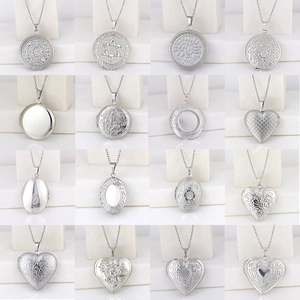 Assorted heart and oval stainless steel locket necklaces with vintage floral engravings