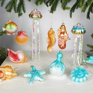 Christmas Tree Ornaments Ocean Theme Glass Hanging Decorations Mermaid Jellyfish Starfish Glitter For Holiday Party