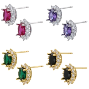 Elegant Oval Cubic Zirconia Stud Earrings For Women Copper Halo Micro Pave Rhinestone Jewelry With Silver Earring Post