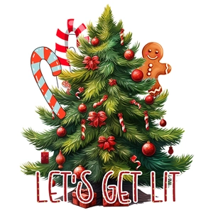 Detailed Christmas tree sticker with Let's Get Lit text and gingerbread man ornaments