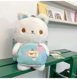 Close-up of white plush bunny backpack with light blue nebula pocket and bear ears