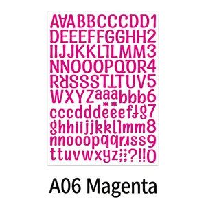 Detail of 1-inch magenta vinyl letter stickers showing uppercase letters and numbers