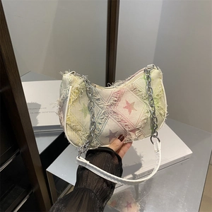 Vintage Denim Shoulder Bag For Women With Star Checkered Pattern Frayed Edges Metal Chain Strap Fashion Underarm Bag
