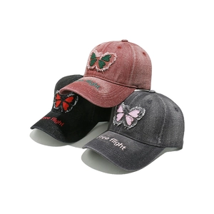 Distressed washed denim baseball caps with butterfly patch and Free flight embroidery