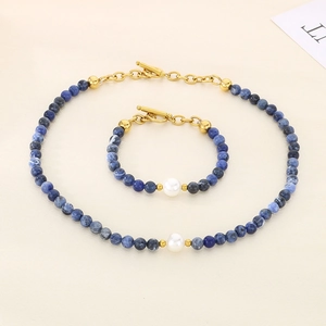 Natural Sodalite Stone Beaded Necklace Bracelet Jewelry With Shell Artificial Pearl Stainless Steel OT Buckle Vintage Boho Elegant Women