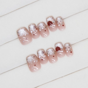 Pink cat-eye press-on nails with red hearts and star sequins, 10 pieces short square shape