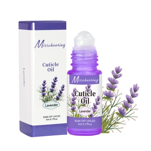 Close-up of 5ml lavender cuticle oil bottle with rollerball and matching purple box