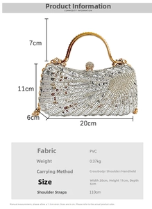 Size chart showing dimensions of the silver sequin handbag for shoulder or crossbody use
