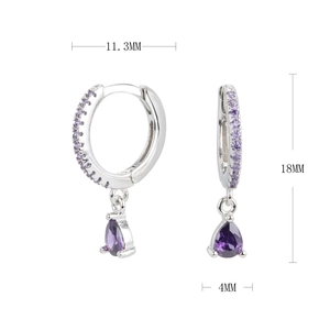 Detailed size specifications for sterling silver drop earrings with purple crystals