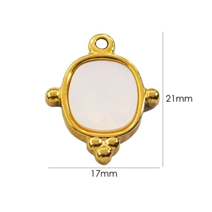 Detailed view of 21mm x 17mm gold plated round pendant with white inlay and beads