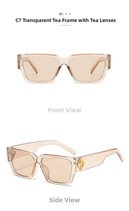 Detail of tea-colored rectangular sunglasses with gold hollow diamond metal hinges