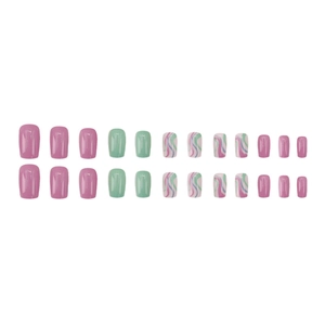 24-piece press-on nails set with wavy purple and mint green marble design and solid colors